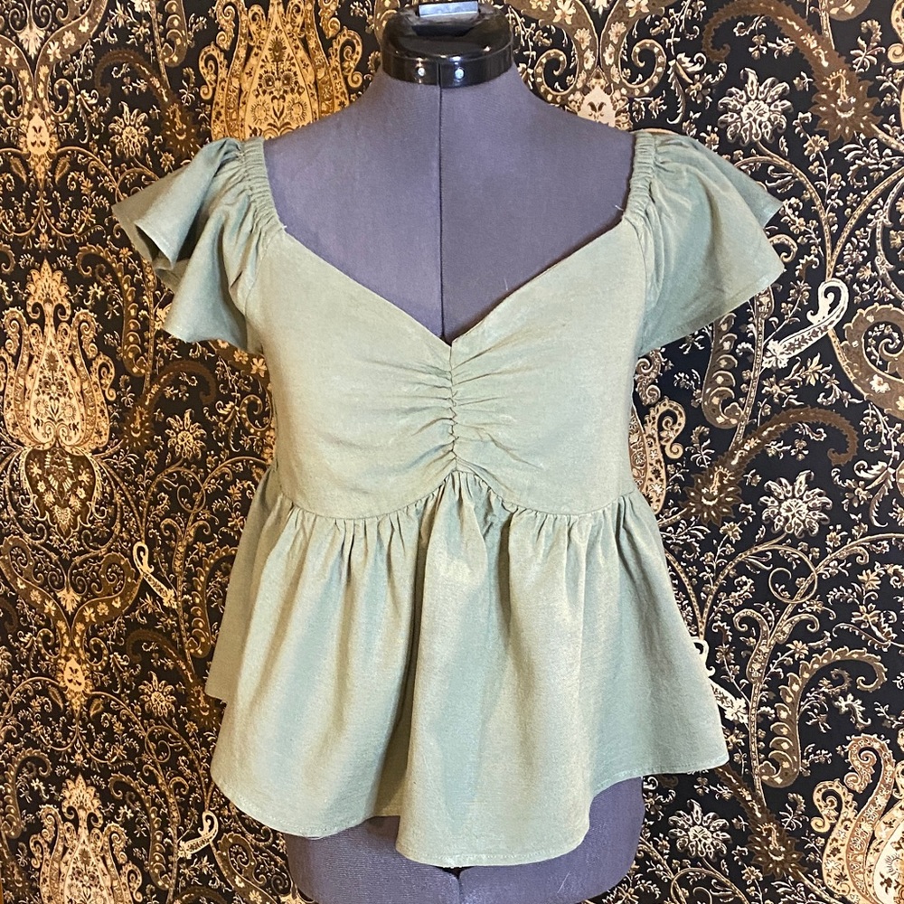 Romantic Midnight Sky Linen Blend Sage Green Babydoll Blouse S